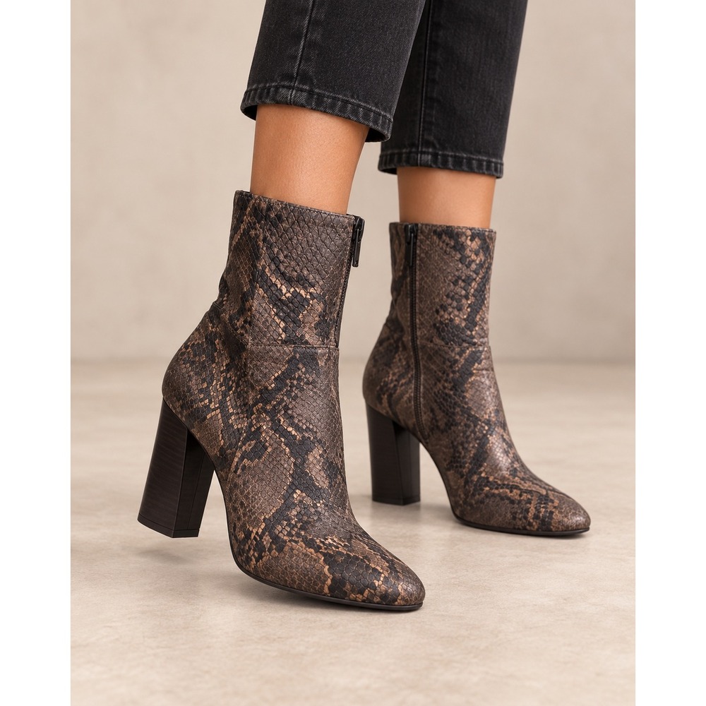 Free People Snakeskin Embossed Block Heel Ankle Boots Brown Bronze Size 41